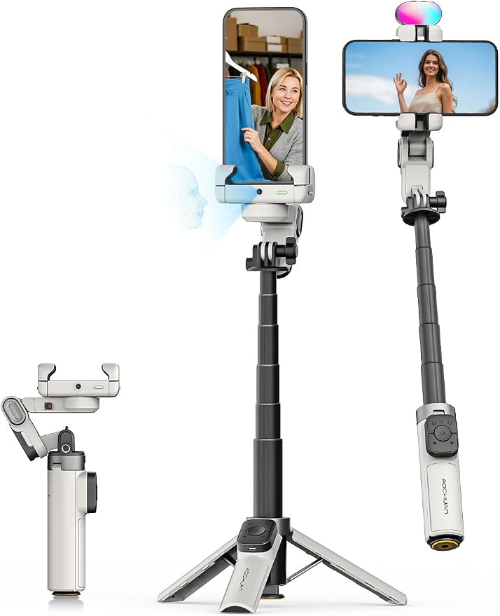 AOCHUAN 360° Rotation Gimbal Stabilizer for iPhone w/14.2" Extension Rod | Wireless Remote Face/Object Tracking Gimbal, 4 in 1 Phone Gimbal w/One-Touch Open Tripod for TikTok-M3 Promini White by AOCHUAN