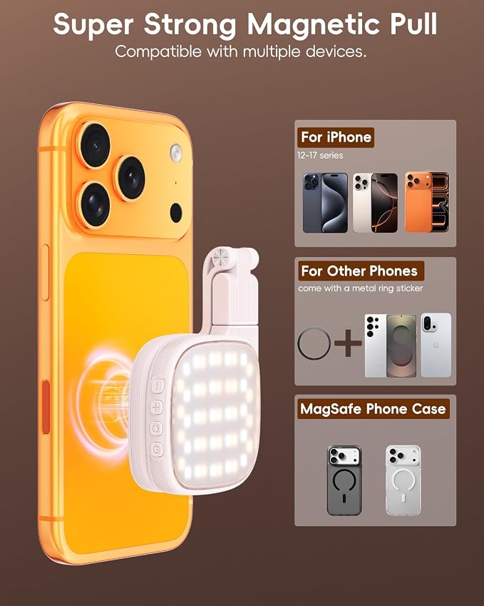Magnetic Selfie Light for Video Calls, 360° Foldable Ring Light with 3 Colors & Dimmable Brightness, 1000mAh, MagSafe Compatible with iPhone 17-12 & All Phones for Zoom/TikTok/Selfie（White） - Image 4