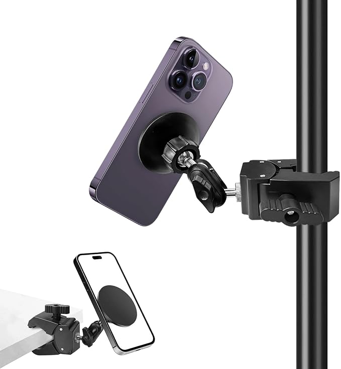 for MagSafe Clamp Mount Phone Holder Handlebar, 360° Swivel Magnetic Mic Stand Phone Holder Microphone Stand Phone Mount Clip for iPhone 16 15 14 MAX Pro Samsung Galaxy Any Smartphones by Unknown