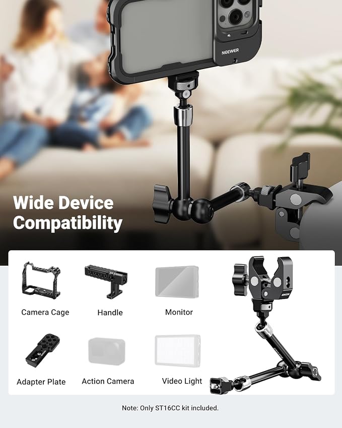 Neewer 11" Articulating Magic Arm Clamp Mount with Super Clamp, Camera Monitor Mount with 1/4" 3/8" ARRI Locating Pins & Holes for DSLR Action Camera Video Light Compatible with SmallRig Cage, ST16C - Image 2