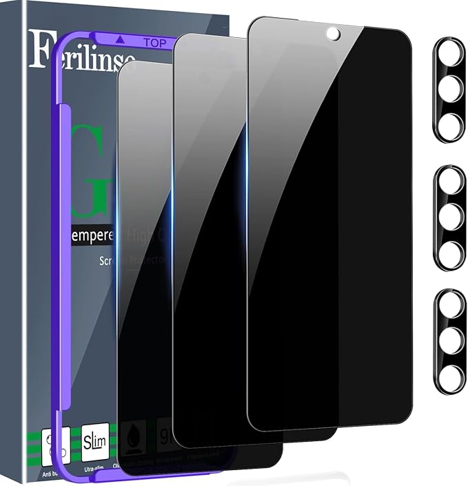 Ferilinso 3 Pack Privacy Screen Protector for Samsung Galaxy S25 Plus | 9H+ Tempered Glass, Military-Grade Shatterproof, HD, Case Friendly, Easy Installation Bubble Free, with Camera Lens Protector by Ferilinso