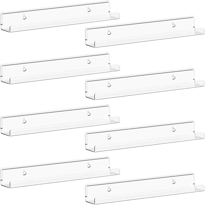 Lifewit Narrow Acrylic Floating Shelves for Vinyl Record 12", Clear 8 Pack | Wall Shelf for Nail Polish, Book, Picture, Makeup, Album Covers Display Organizer for Bedroom, Living Room, Bathroom Decor by Lifewit
