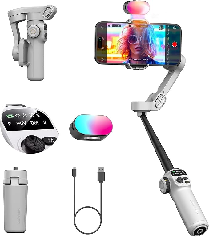 AOCHUAN Smart X2 3-Axis Gimbal Stabilizer for Smartphone with Adjustable RGB Fill Light, Built-in 20cm Extension Pole Selfie Stick, OLED Screen for Night Shots, Video Recording,X2 KIT White by AOCHUAN