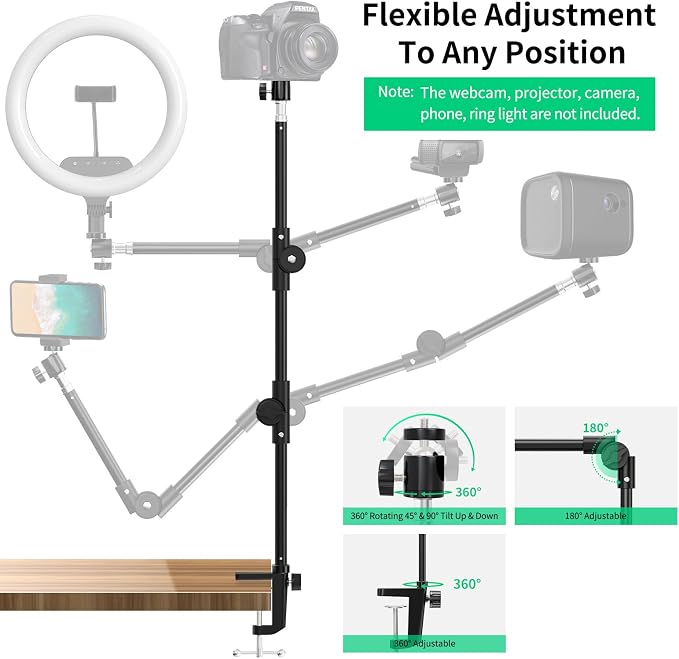 Webcam Stand Camera Desk Mount with Phone Holder & 5/8" Screw - 22" Flexible Projector Stand Gooseneck Desk Mic Stand for Logitech C922 C930e C920 C615 C960 Brio 4K, GoPro, Blue Yeti Snowball Ice - Image 3