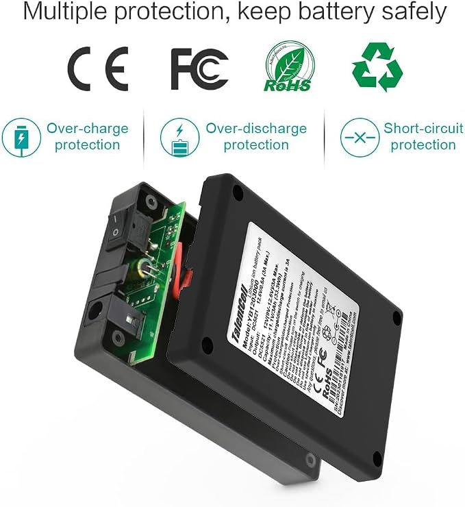 TalentCell 12V Power Bank, Rechargeable 12V 3000mAh DC Output Lithium ion Battery Pack with Charger for LED Strip/Light/Panel/Amplifier and CCTV Camera, Compatible with Spectra Pump/Telescope - Image 2