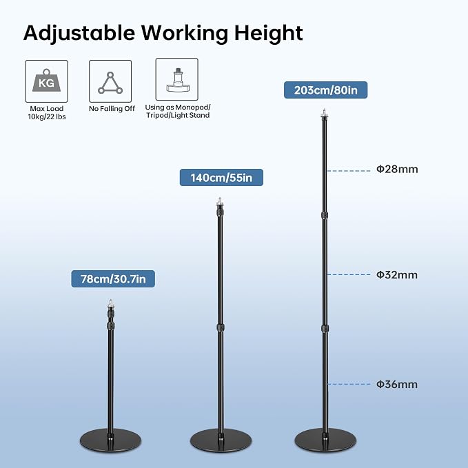 YP-400 Light Stand, 80” Monopod for Camera, LED Light, Heavy Duty Aluminum Alloy 36mm Tubes Metal Round Base with 1/4” Screw, 3/8” Screw & Light Mount Adapter Studio Stage - Image 5