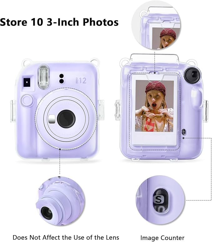 Rieibi Accessories for Fujifilm mini 12, Gift Bundle Includes Clear Mini 12 Case with Strap, Photo Album, Selfie Mirror, DIY Stickers, Color Filter (No Camera) - Purple - Image 3