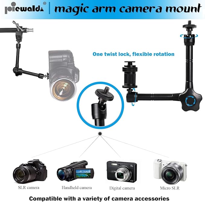 Niewalda 11" Articulating Magic Arm with 1/4" & 3/8" Threaded Super Clip | with Phone Clip/Tripod Mount Adapter for Various Action Camera /DSLR/Cell Phone /Vlogging and LCD Monitor/LED Lights Mount - Image 5