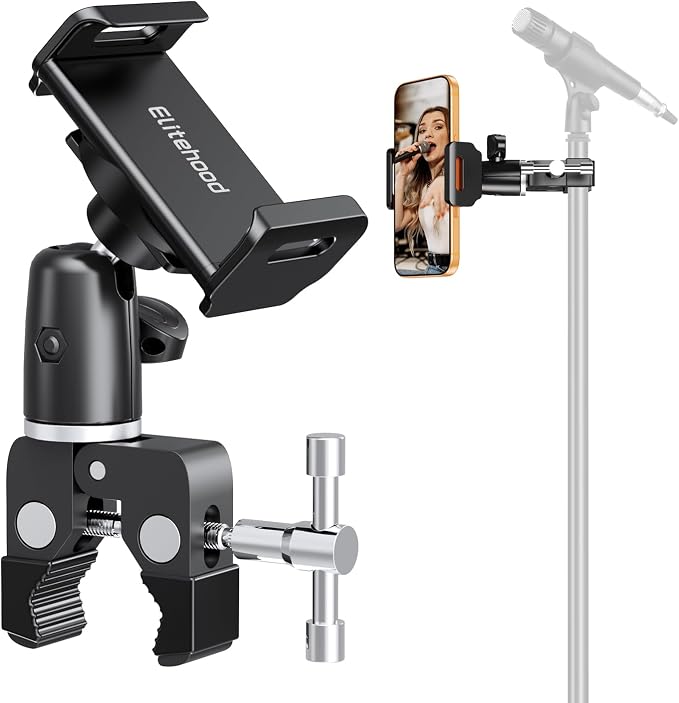 elitehood Swivel Tilt Phone Holder for Mic Stand Mount & Microphone Stand | Aluminum iPhone Mic Stand Holder, 360° Adjustable Phone Clamp Mount for Music Boom Microphone Stand, Fit All Cell Phone by Builtyourelitelive