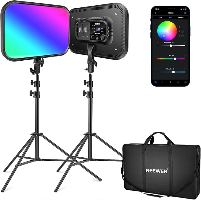 NEEWER RGB168 18.3" RGB LED Video Panel Light with App Control | Bluetooth, 2 Pack Tripod Stand Kit, 60W, 360° Full Color, 2500K-8500K, CRI97+, for Studio Photography YouTube Game Streaming by Neewer