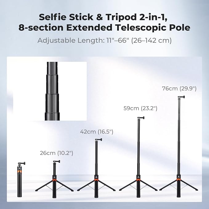 K&F CONCEPT 142cm/55.9" Telescopic Selfie Stick Tripod for Action Camera | 2-in-1 Portable Stand Handle Stick Pole For GoPro Hero 13/12/11/10/9/8, DJI Osmo Action 6/Osmo Action 5 Pro/4/3 Accessories - Image 2