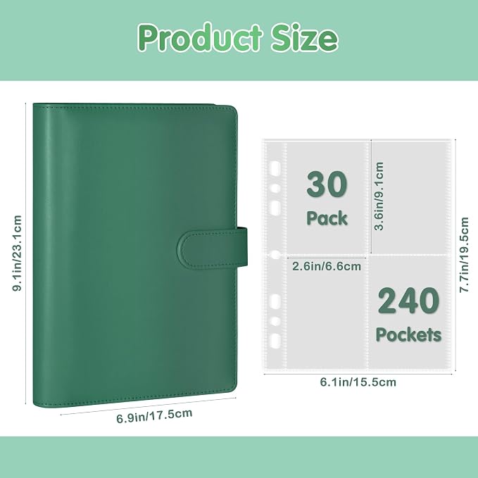 A5 Photocard Holder and Binder, PU Leather 6-Ring Album with Magnetic Closure, Includes 30 Pack 4-Pocket Pages for 240 Cards, Card Holder for Kpop, Trading, and ID Cards (Forest Green) - Image 4