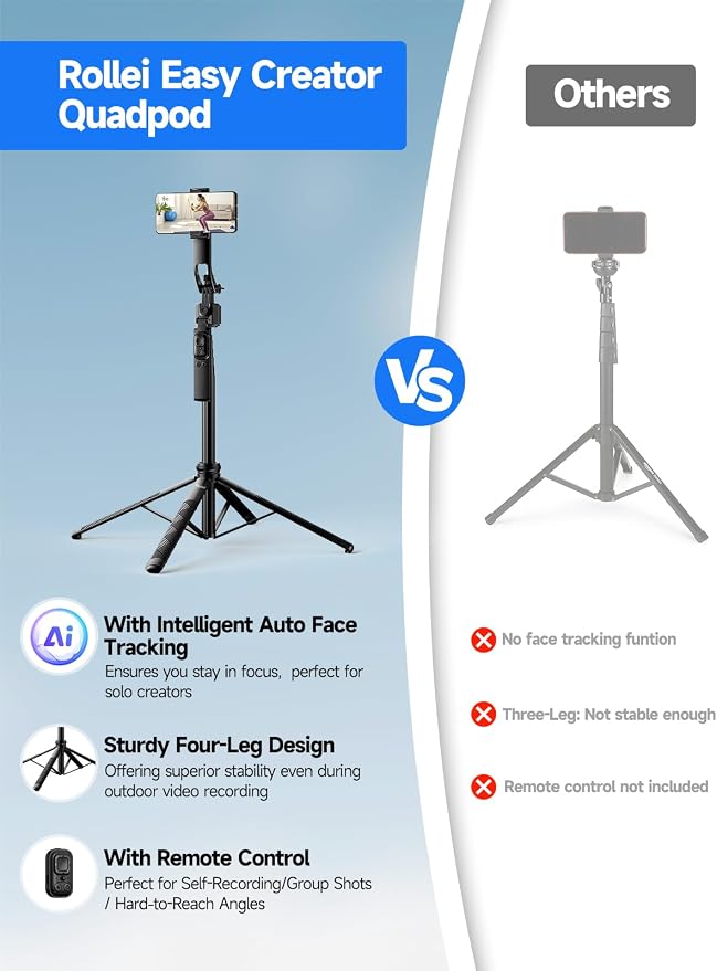 Rollei Auto Face Tracking Tripod, Smartphone Gimbal Stabilizer 64'' Selfie Stick Tripod Holder 360° Rotation for iPhone/Android Stand for Filming Streaming Tiktok Video Vlog - Image 5