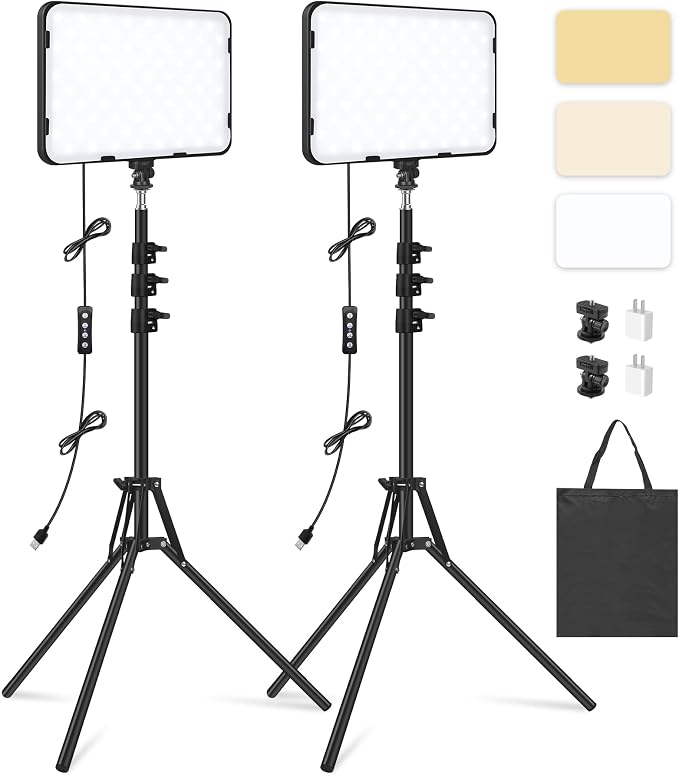 2 Pack LED Video Light with 63'' Tripod Stand, Obeamiu 2500-8500K Dimmable Photography Studio Lighting for Video Film Recording/Collection Portrait/Live Game Streaming/YouTube Podcast, USB Charger by Obeamiu