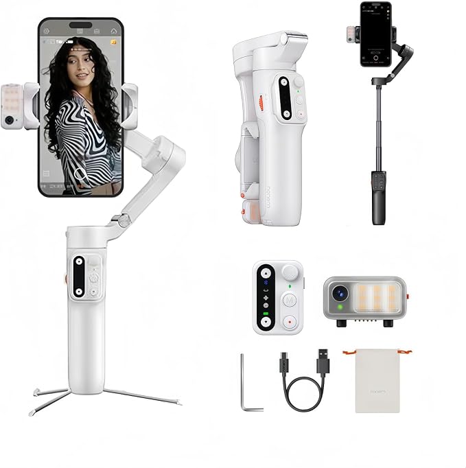 Hohem iSteady V3 Gimbal Stabilizer, Magnetic AI Tracking, Removable Remote | 3-Axis Smartphone Gimbal with Built-in Telescopic Rod and Tripod, Perfect for Content Creators (White) by Hohem