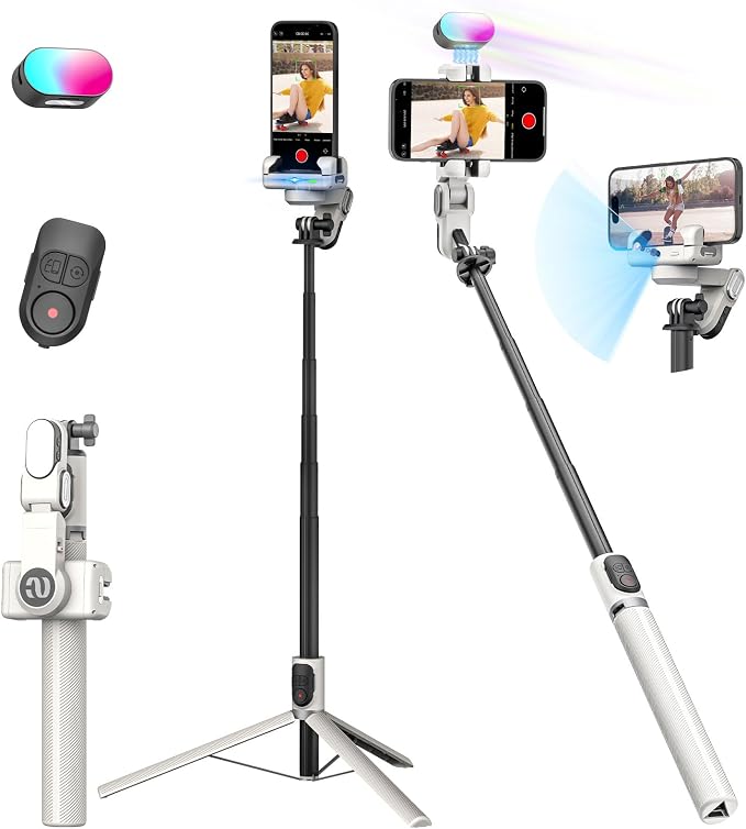AOCHUAN M2PRO White Smartphone Gimbal Stabilizer, 4-in-1 Phone Stabilizer | No App Required Face Tracking, 108cm Extension Rod with RGB Fill Light, for iPhone & Android, Selfie, Travel, Daily Recording by AOCHUAN