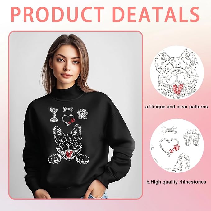 5 Pcs Bulldog Pattern Iron on Rhinestones Transfer, Paw Print Bling Crystal Clothing Repair Applique Heat Transfer Patches for T-Shirt Vest Shoes Hat Jacket Pants Bags Decor - Image 2