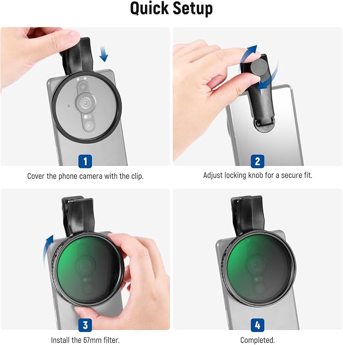 NEEWER 67mm Clip On Variable ND Filter for Phone, ND2-32 Neutral Density Photography Camera Lens Accessories Kit Compatible with Android Samsung Galaxy S25 Ultra Google Pixel Huawei, FL-B21 - Image 8