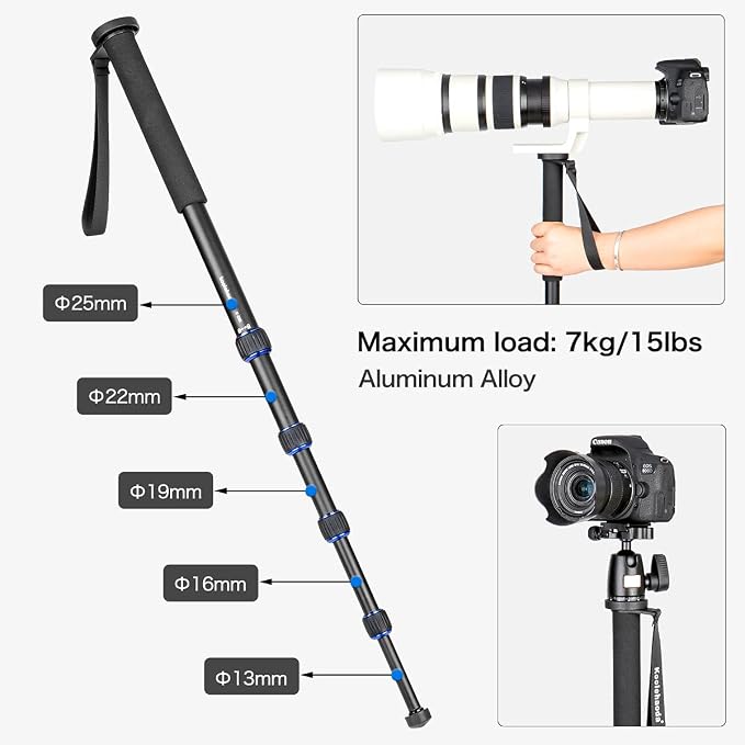 Koolehaoda 69" Aluminum Monopod with Tripod Base & Ball Head for DSLR | 3-Feet Support Stand, Adjustable Height, for Canon Nikon DSLR Camera, Portable Travel Photography Monopod, Lightweight - Image 4