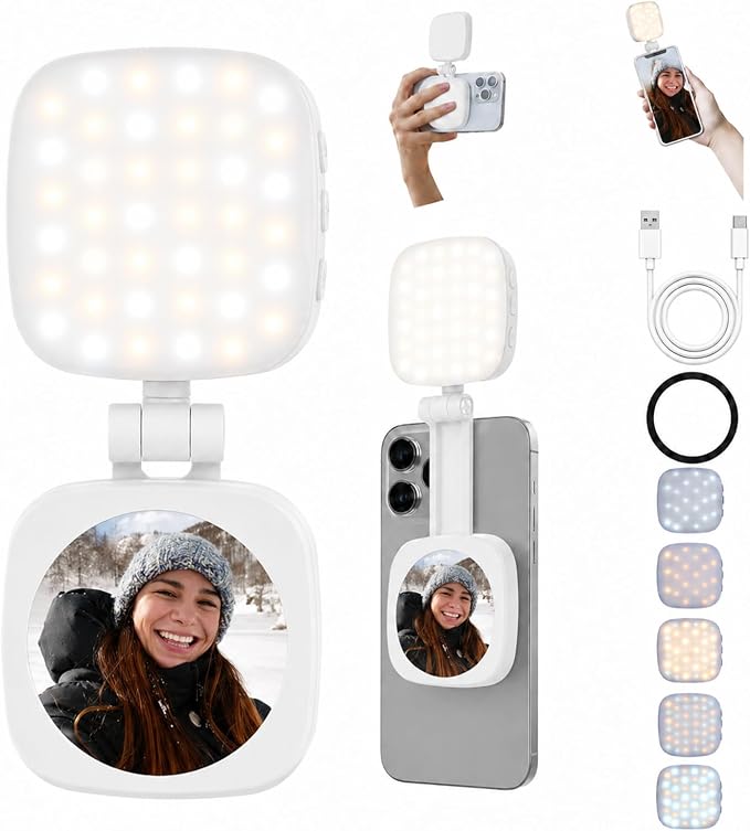 Magnetic Selfie Light, Compatible with MagSafe iPhone, CRI 95, 5 Color Modes, Rechargeable LED Phone Light with Mirror, Portable Ring Light for Vlog Makeup Photography Video Recording, White by Pvowekia