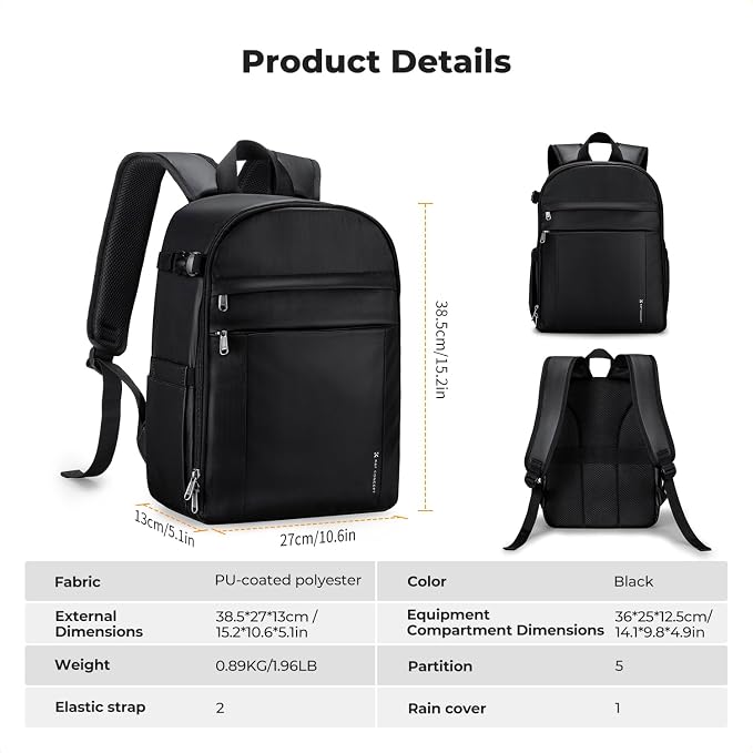 K&F CONCEPT Camera Backpack, Lightweight Camera Bag with Tripod Holder | Professional Bag for DSLR/SLR Mirrorless, with 14in Laptop Compartment & Rain Cover, Men & Women, for Sony Canon Nikon, B19 - Image 8