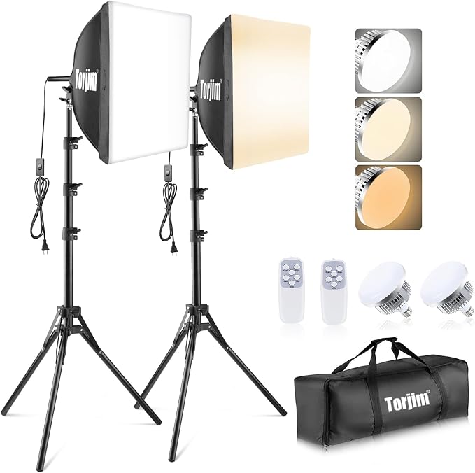 Torjim Softbox Photography Lighting Kit | 16" X 16" & 85W LED Studio Lights | Soft Diffusion For Even Light | 3000-7500K Adjustable LED Bulbs for Studio Photo Video Recording Live Streaming Portraits by Torjim
