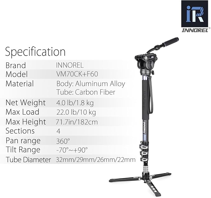 Carbon Fiber Video Monopod Kit-VM70CK Professional Hydraulic Fluid Head Monopod Removeable Multifunctional Travel Tripod Stand for Gopro DSLR Camera Telescopic Camcorders, Max Load 13 pounds/6 kg - Image 3
