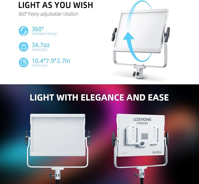 Godox LP600R RGB LED Video Light with Barndoor, 2-Pack 60W 1800K-10000K 9270Lux LED Panel Light with Light Stand, APP Control CRI96+ Studio Soft Light - Image 7