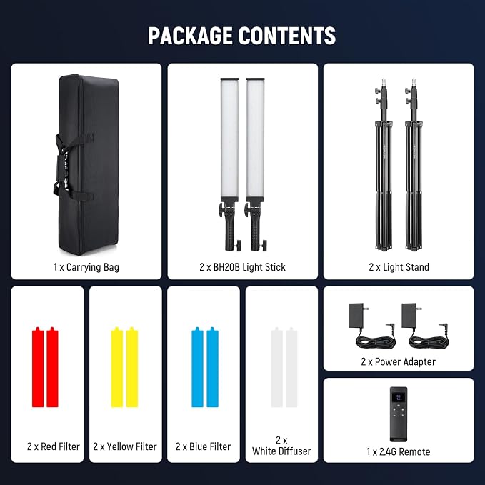 NEEWER Upgraded LED Video Light Stick & 2.4G Remote Kit, 2 Pack Handheld Dimmable 3200K~5600K CRI97+ Video Lighting with Stands/Filters/Bag for YouTube Video Recording Photography Gaming, BH20B Silver - Image 9