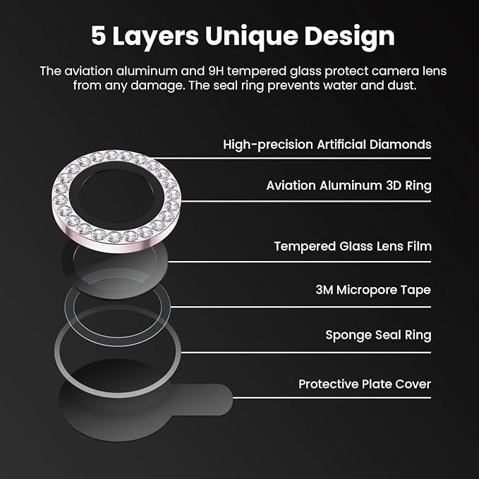 Tensea Bling Camera Lens Protector for iPhone 13 Pro/iPhone 13 Pro Max | Protective Camera Cover Tempered Glass Screen Protector Diamond Metal Individual Ring for 13Pro 6.1" /13 ProMax 6.7 inch - Image 5