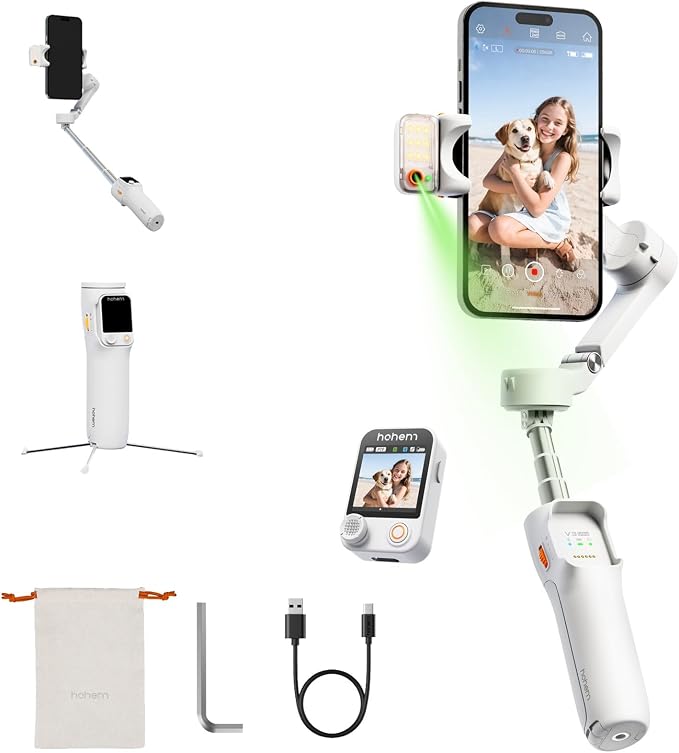 hohem iSteady V3 Ultra Gimbal Stabilizer for iPhone,Gimbal with AI Tracking | Fill Light,Built-in Extendable Rod & Tripod,Detachable Remote Control,Stabilizer for Vlog,TikTok (White) by Hohem