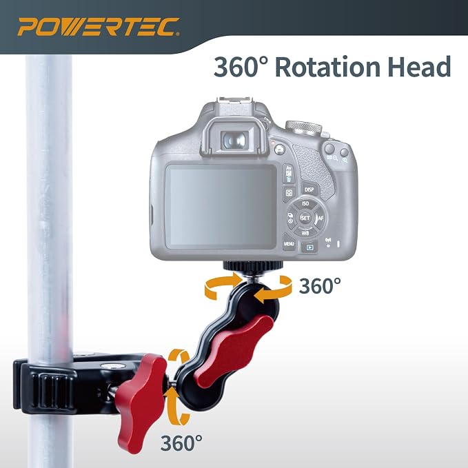 POWERTEC Super Clamp Camera Mount 360° Double Ball Head Adapter with GoPro/Phone Tripod Mount and Tripod Head for Bike, Desk, Mini Projector, Photography Lighting (71925) - Image 4