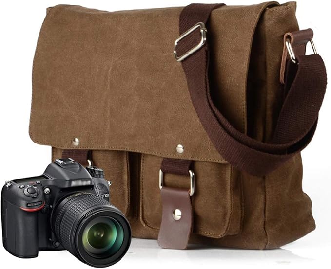 Compatible with/Replacement Vintage Waterproof Canvas Leather Trim DSLR SLR Shockproof Camera Shoulder Messenger Bag (Coffe) - Image 6