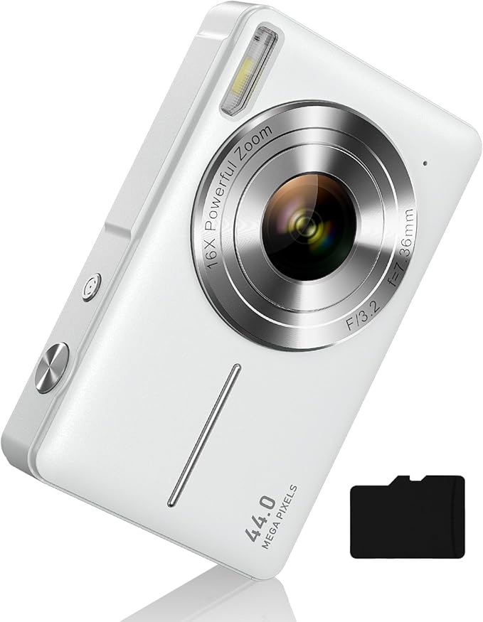 Digital Camera 1080P with 32G Card 16X Zoom & Flash Compact for Kid, White | Small camera with anti-shake, Includes 2 batteries & charger. Perfect for parties, trips, birthdays gift from parents by CAMKORY