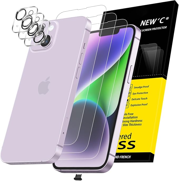 NEW'C 3x for iPhone 14 Screen Protector (6.1 inches)+ 3x Camera Lens Protector, Sensor Protection + Dust Plug - Case Friendly Tempered Glass Film, Ultra Resistant by NEWC