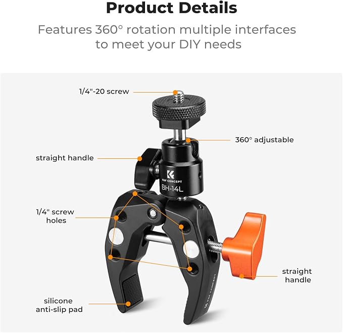 K&F CONCEPT Super Clamp Camera Clamp with 360° Ballhead | Compatible with GoPro/Insta360/Pocket 3, 1/4" Screw & Cold Shoe Mount for Camera/Monitor/Light/Microphone, MS26 - Image 2