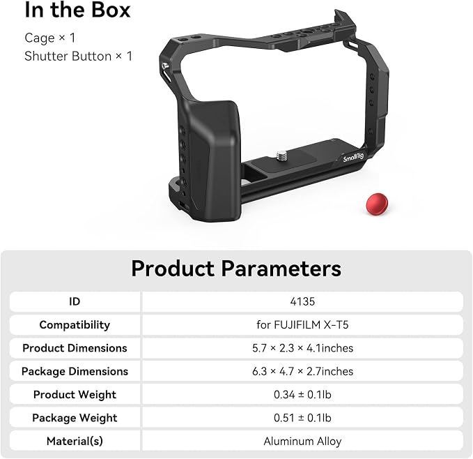 SMALLRIG Aluminum Camera Full Cage for FUJIFILM X-T5 with Shutter Button | Built-in QD port, NATO rails, and quick release plate for Arca - Image 7