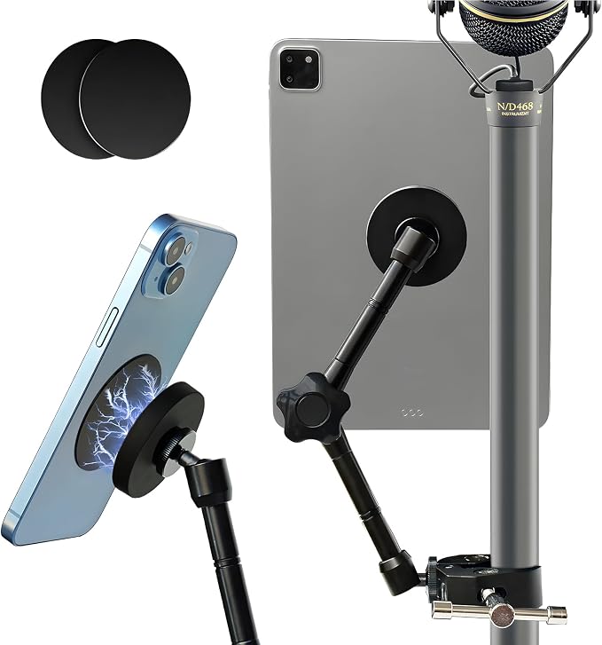 Magnetic Tablet Holder for Mic Stand, Full Metal Phone & iPad Music Stand, Compatible with All Models of iPad and iPhone Devices, Adjustable at Any Angle by PaiPaiGo