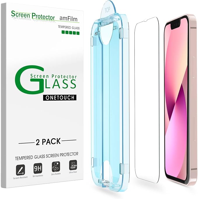 amFiIm OneTouch for iPhone 13 Mini Screen Protector 5.4" Tempered Glass | Auto-Alignment, 30s Install, Bubble Free, 9H Hardness, Scratch & Drop Protection, HD Clear, Case Friendly, 2 Pack (13M-5.4'') by amFilm