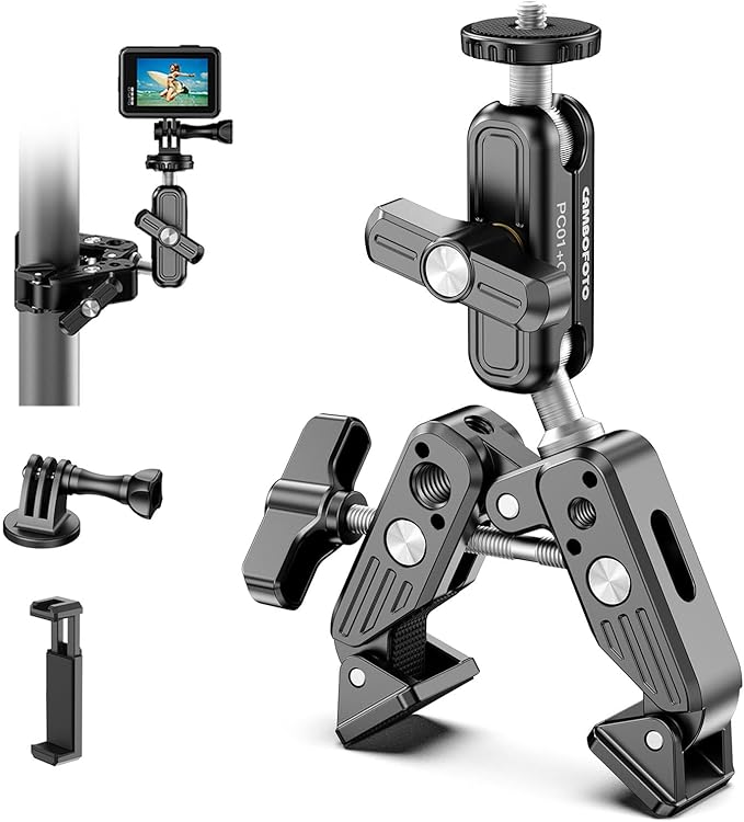 CAMBOFOTO Super Clamp Camera Clamp Mount, 360° Dual Ball Head Magic Arm | Action Camera Adapter & Phone Holder Included, 1/4" & 3/8" Threads for DSLR/GoPro/Lights/Insta360/Tripod/Desk/Handlebar/Pole by CAMBOFOTO