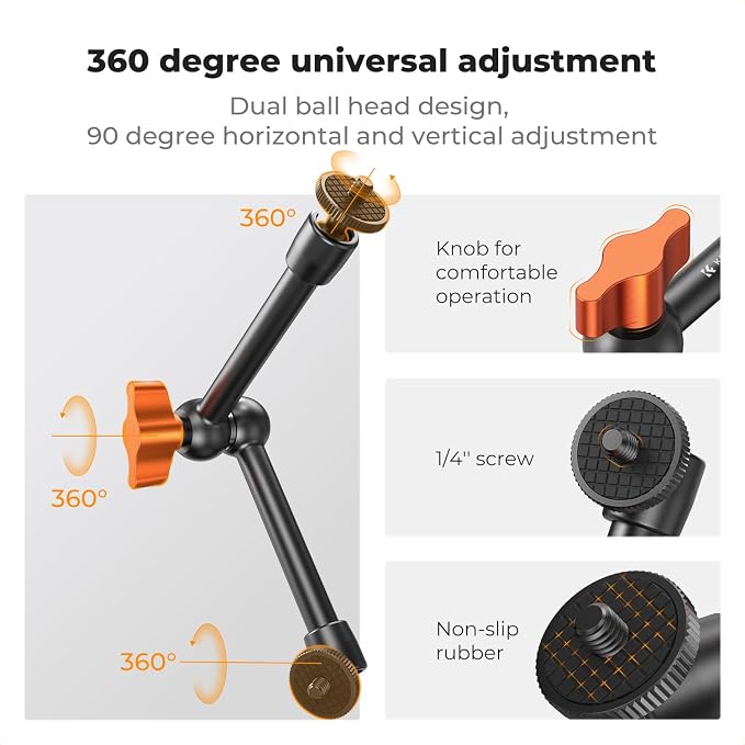 K&F CONCEPT 9.8" Magic Arm, 1/4" Screw Camera Mount Arm 360° Ball Heads | for DSLRs, Monitor, Flash, LED Light, Microphone, Camera Cage, Action Camera, MS32 - Image 3