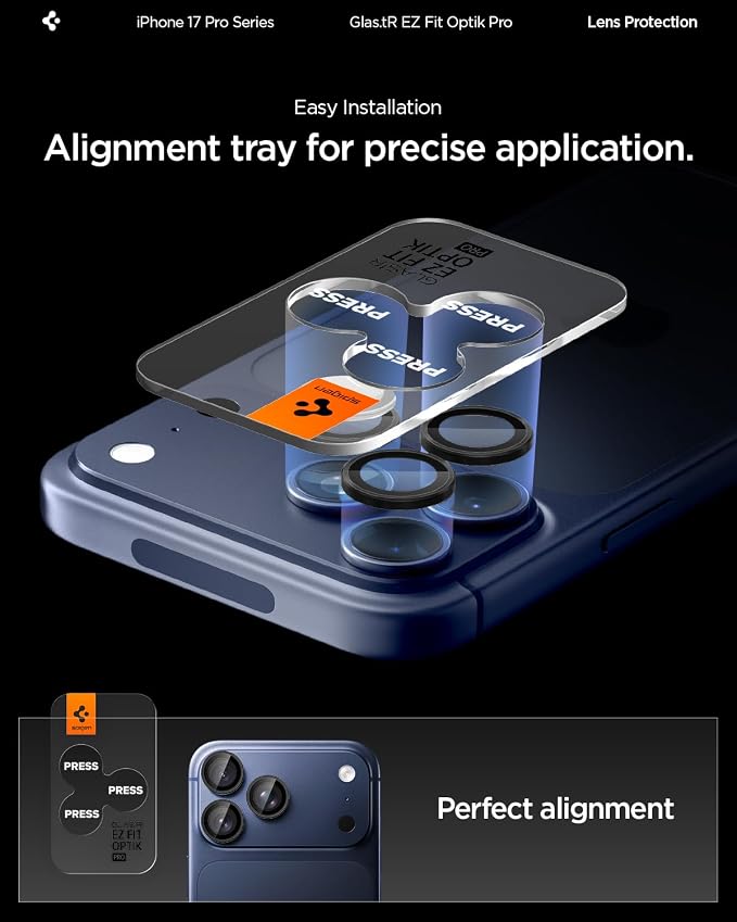 Spigen Camera Protector for iPhone 17 Pro Max, 17 Pro, 16 Pro Max, 16 Pro | GlasTR EZ Fit Optik Pro, 9H+ Tempered glass, Scratch resistant, Auto-align tray, Case-friendly-Black [2 Pack] - Image 5