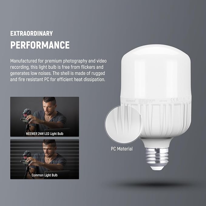 Neewer E26 24W LED Light Bulbs, 2 Packs, 2160 Lumens/5700K/CRI 93+/15000h Lifespan, Bright Video Photography Lighting, Silent/No Flicker/Non Dimmable 200W Incandescent Equivalent - Image 5