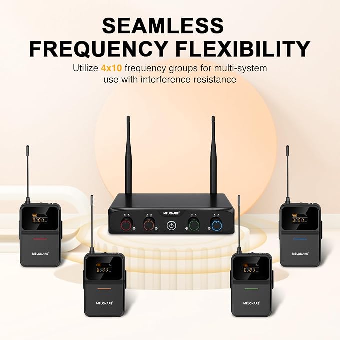 MELONARE Compact 4-Channel UHF Wireless Microphone System MWM-41-4B | 4 Headset/Lapel Microphones, 4 x 10 Frequencies, 200 ft Range, Hands-Free Vocals, Church, Conference - Image 4