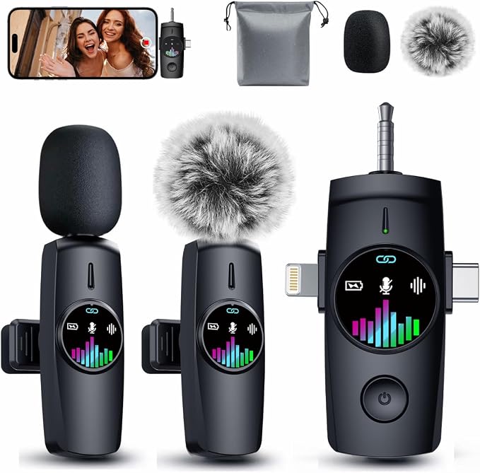 3-in-1 Wireless Microphone:20H Battery, 80ft | Microphone for iPhone & Android - DSP 3-Mode Noise Cancelling for Vloggers & Creators, No Dead Battery by Unknown