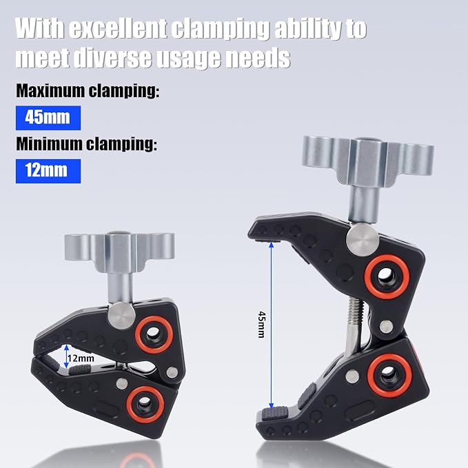Universal Power Clamp with 1/4"-3/8" Threads & Cold Shoe - Multi-Angle Camera/Desktop Clamp for DSLR, LCD Monitor, Bike Mount (12-45mm Clamping Range) 62023 - Image 2