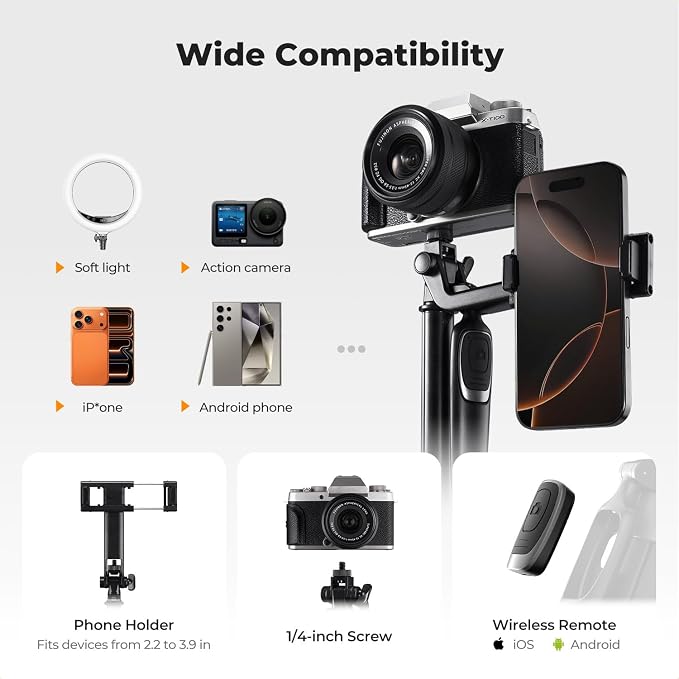 K&F CONCEPT 69" Auto Open Selfie Stick with 4 Legs & Stabilizing Handle | Phone Tripod, 360° Rotation Cell Phone Tripod Stand with Remote Control, Compatible with iPhone Osmo Pocket 4/3, A702 - Image 7