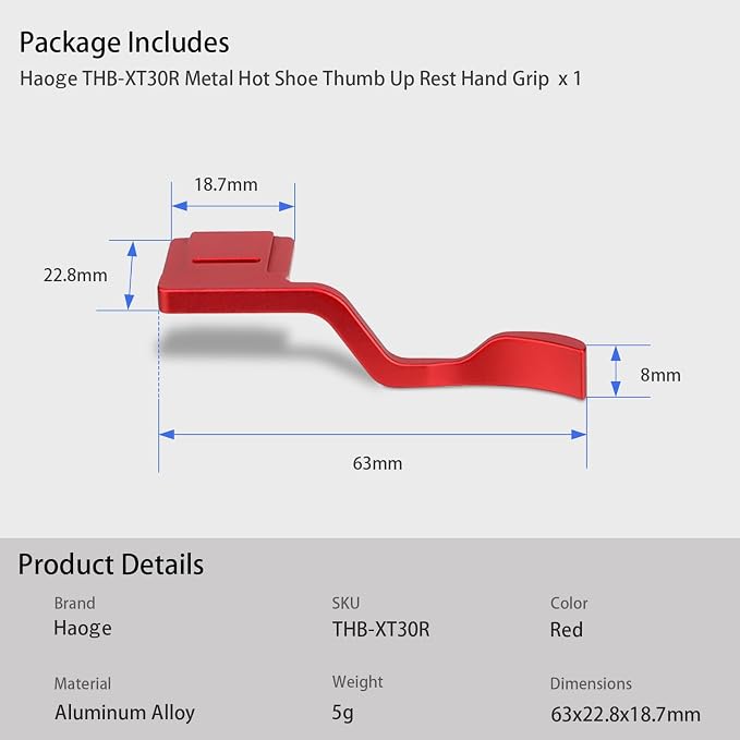 Haoge THB-XT30R Metal Hot Shoe Thumb Up Rest Hand Grip for Fujifilm XT50 Fuji X-T30 II III X-T10 X-T20 X-T30 XT10 XT20 XT30 XT30III Camera Red - Image 8