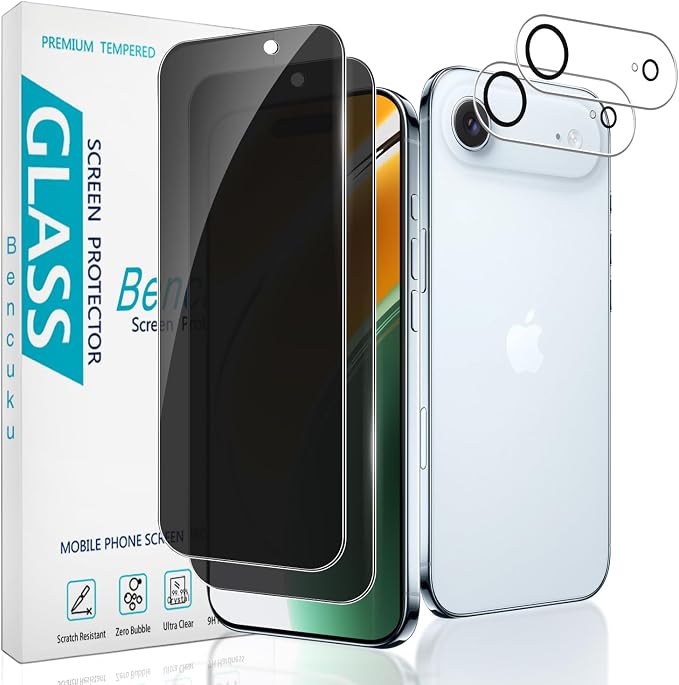 2+2 Pack Privacy Screen Protector for iPhone Air / 17 Air | Anti Spy Tempered Glass, with Camera Lens Protector, Anti Scratch, Bubble Free by Bencuku