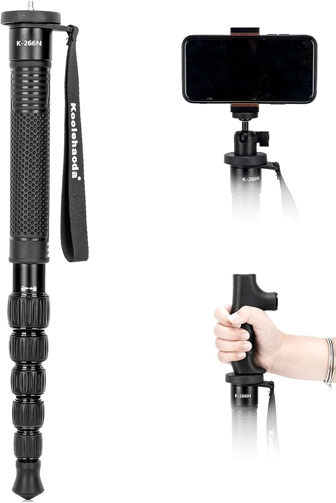 Koolehaoda 63" Aluminum Camera Monopod with Phone Stand | Portable Travel Photography Stick, Walking Stick Handle, Compatible with Canon, Nikon, Sony, Video Camcorder, DSLR by Koolehaoda